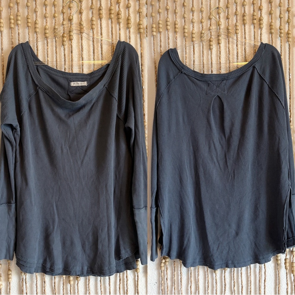 Free People Blue Waffle Knit Thermal Oversized Boho Long Sleeve Cozy Pullover